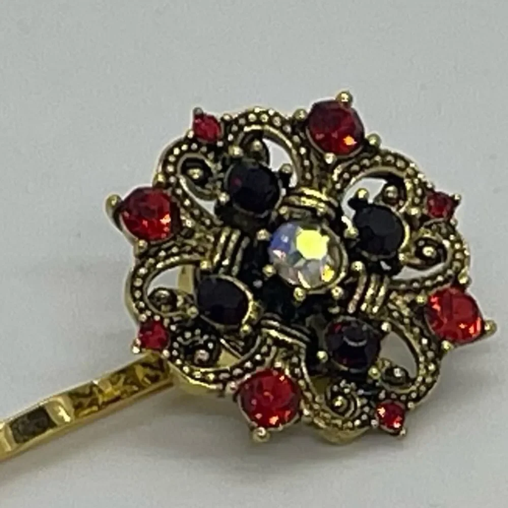 Handmade Red Iridescent Rhinestone Gold Set Hair Clips HoCo Fairy Jewelry NWT